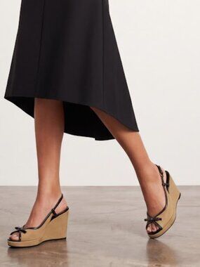 PRADA Beige Canvas and Black Leather Open-Toe Slingback Wedge Sandals - SZ35.5